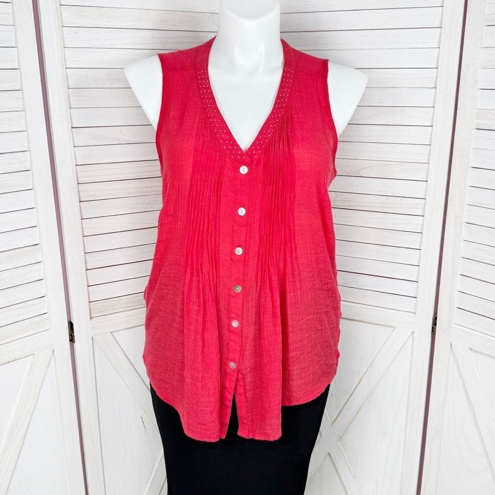Elementz Rhinestone V Neck Pleated‎ Button Up Tunic Tank Top Red 1X